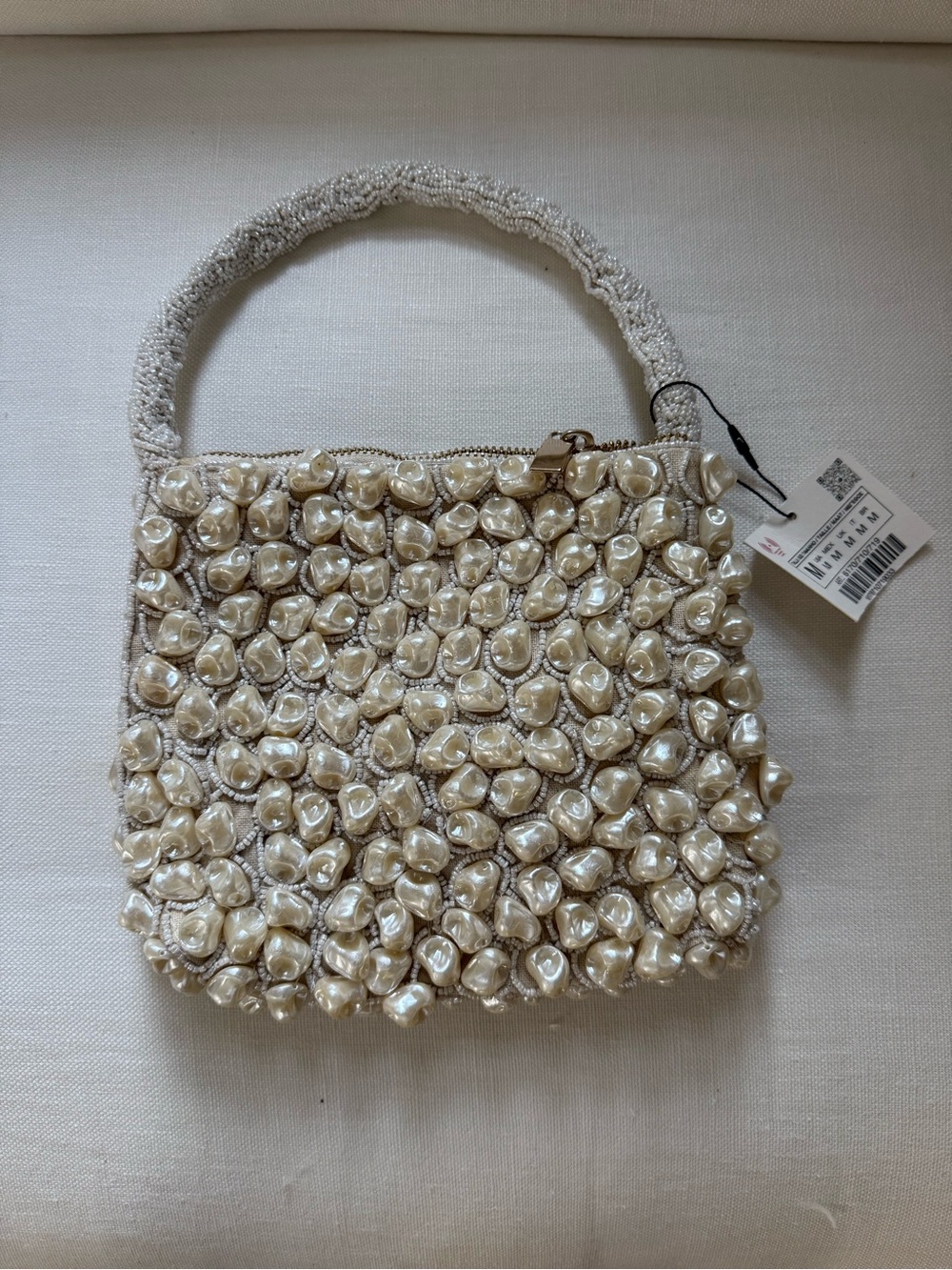 Zara Cream Pearl-Embellished Mini Top-Handle Bag